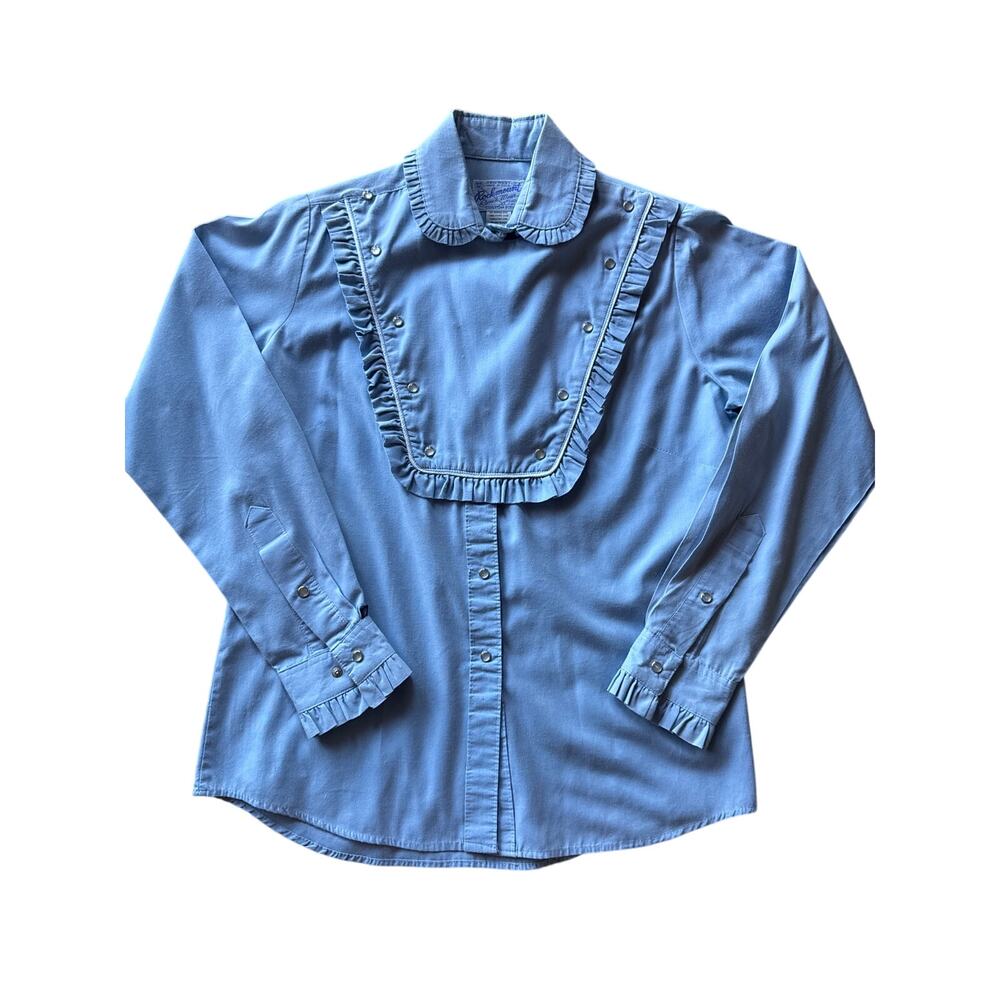 Vtg Rockmount Ranch Wear Cavalry USA Made Powder Blue L Pearl Snap Bib Western